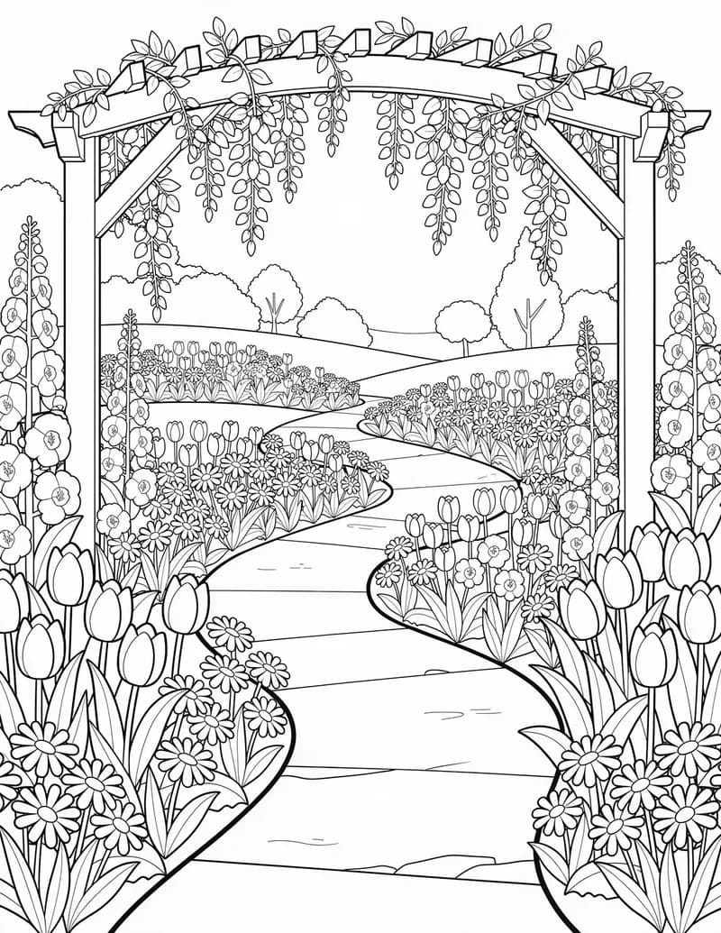 Coloring page — Botanical Garden Path
