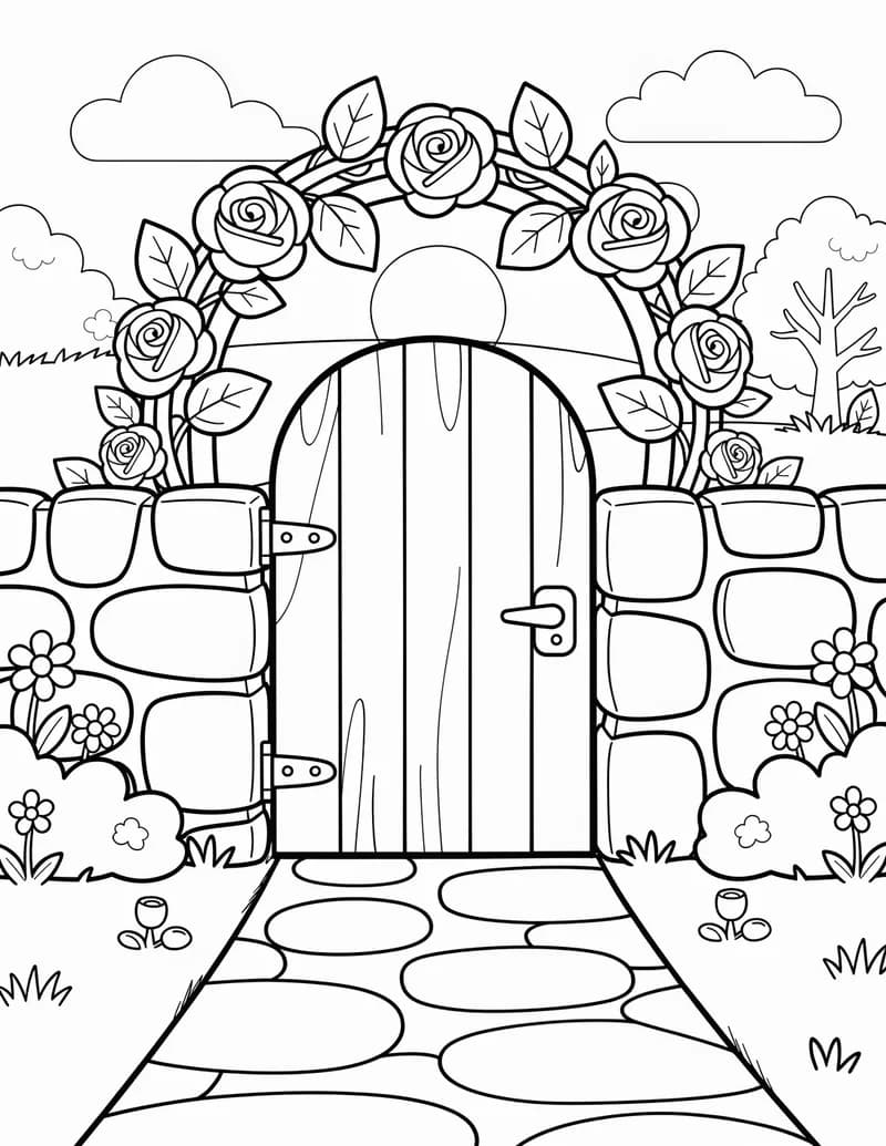 Coloring page — Cottage Garden Gate