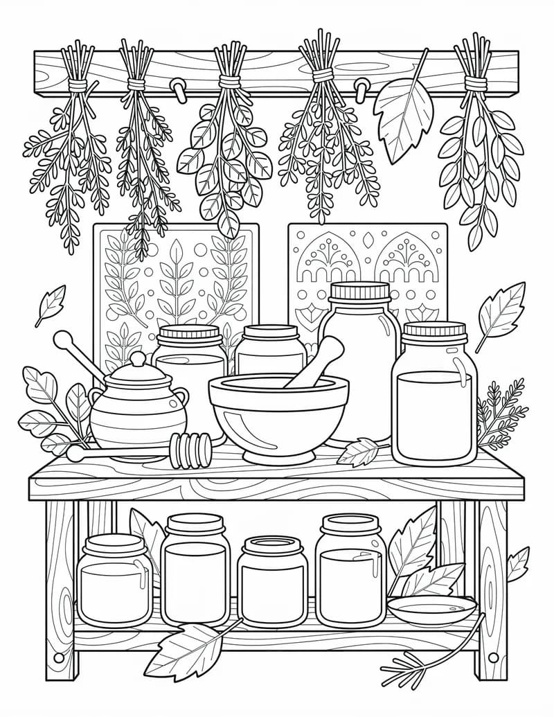 Coloring page — Kitchen Herb Shelf