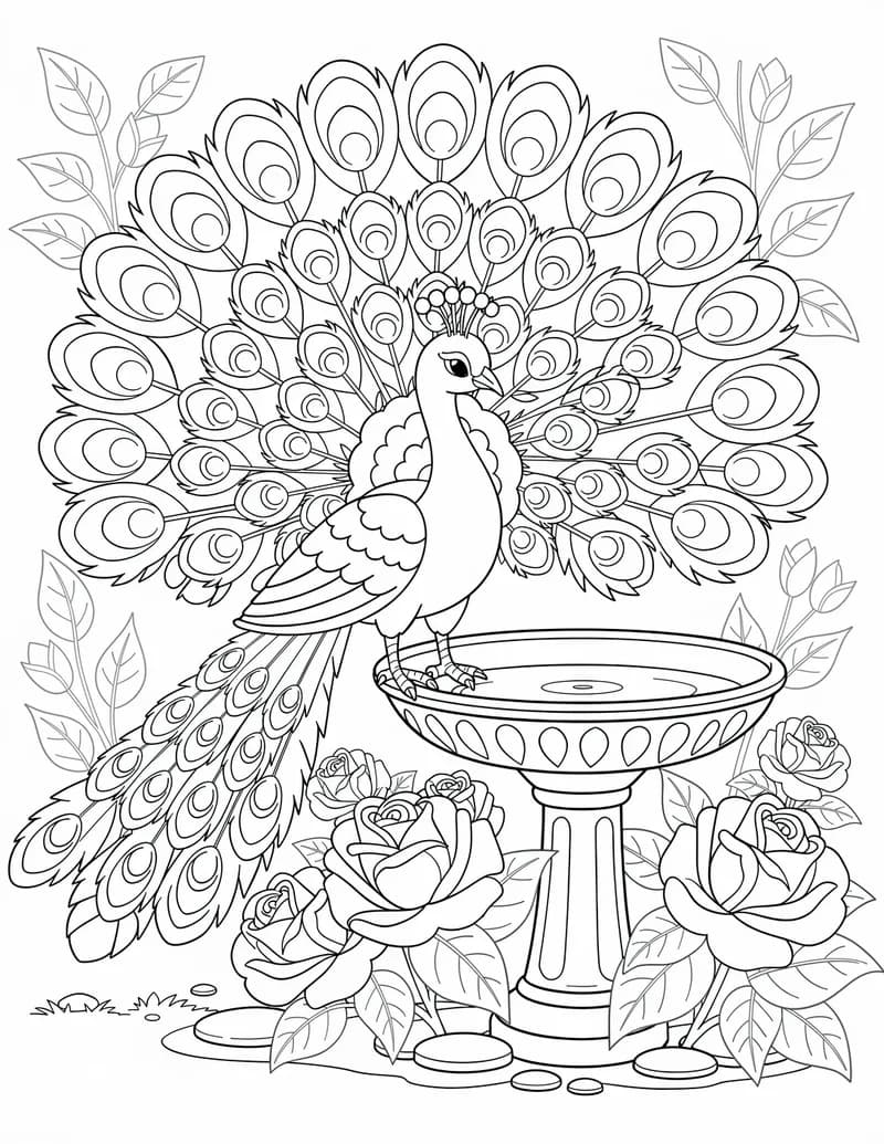 Coloring page — Peacock in the Garden