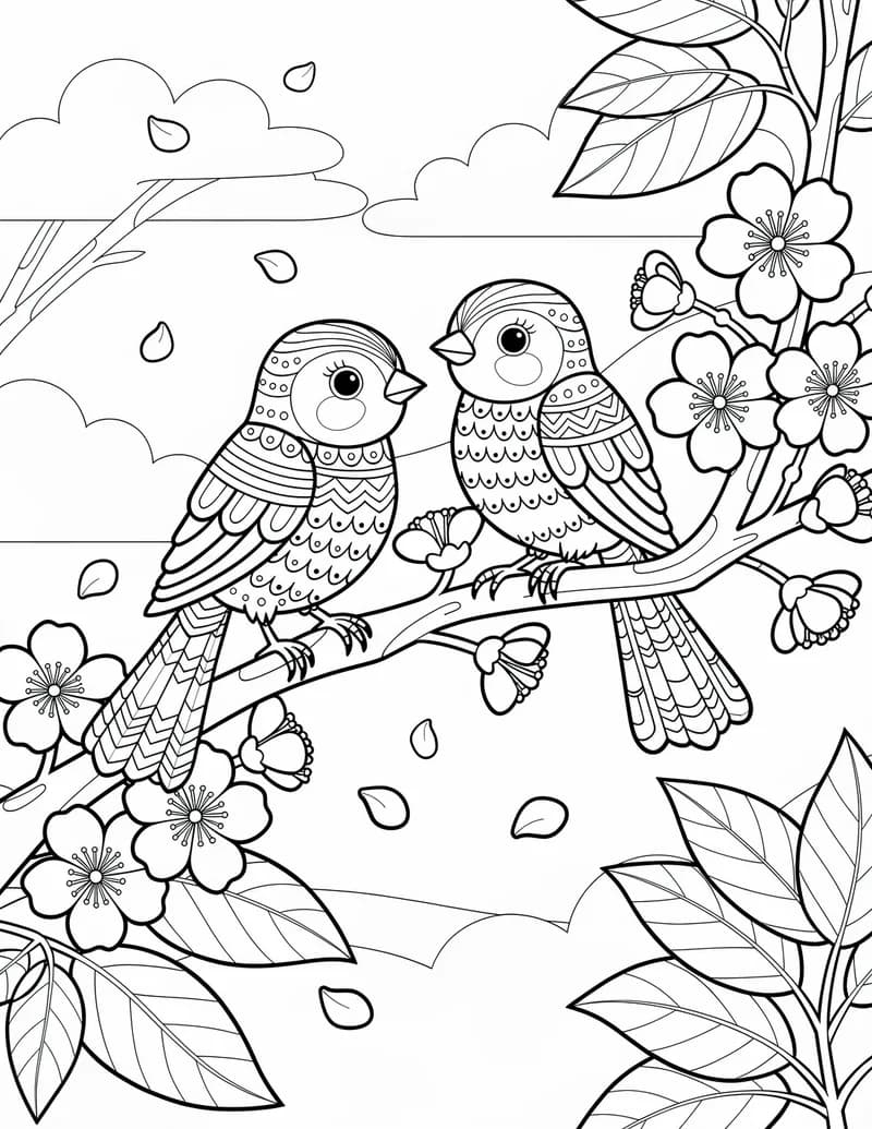 Coloring page — Songbirds and Blossoms