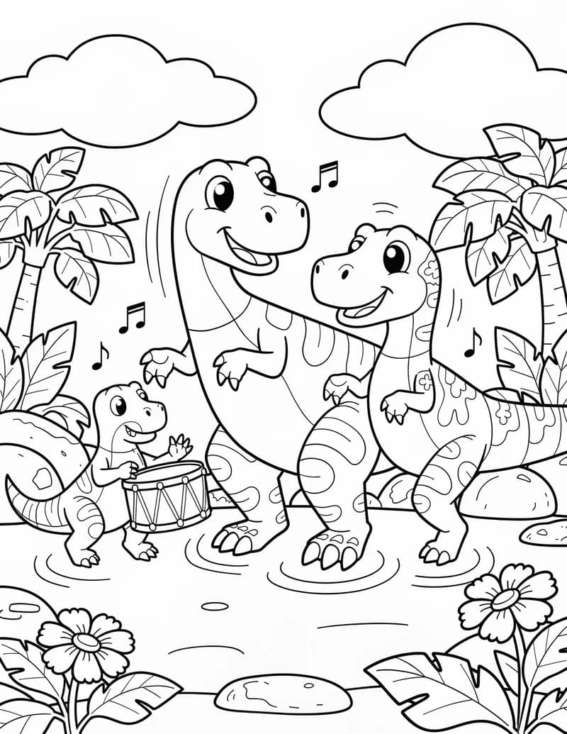 Coloring page — Dino Dance Party