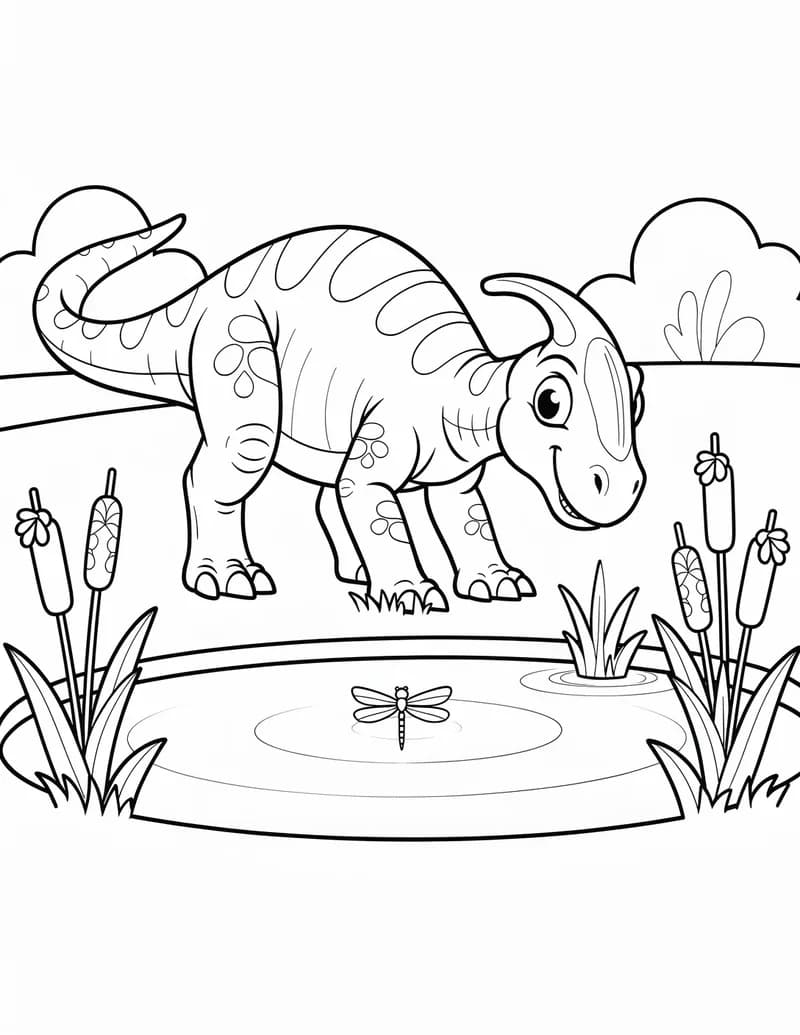 Coloring page — Parasaurolophus Pond