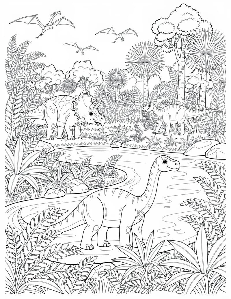 Coloring page — Prehistoric Jungle Panorama