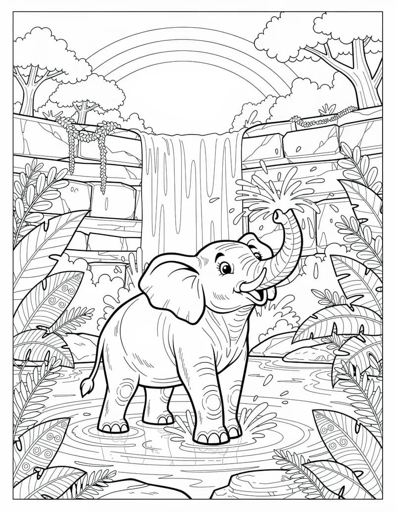 Coloring page — Elephant at the Waterfall
