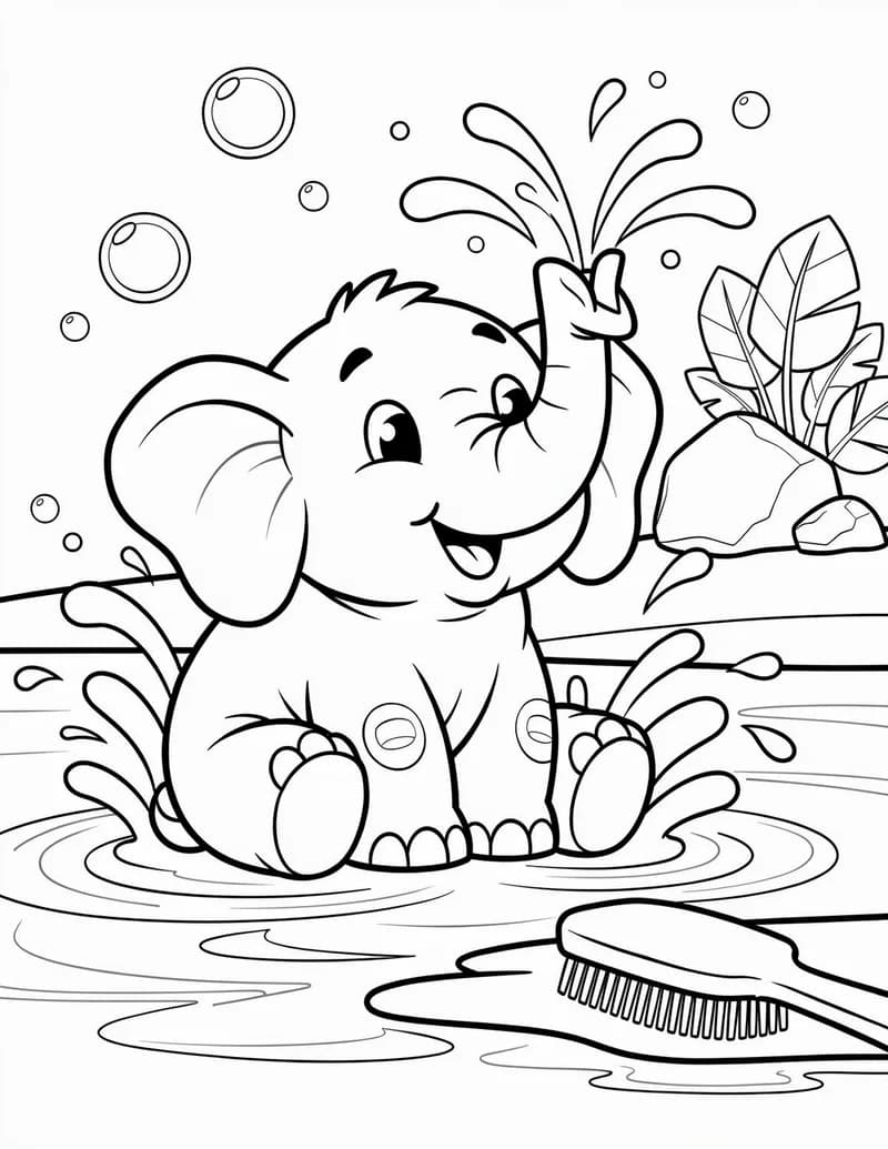 Coloring page — Elephant Bath Time