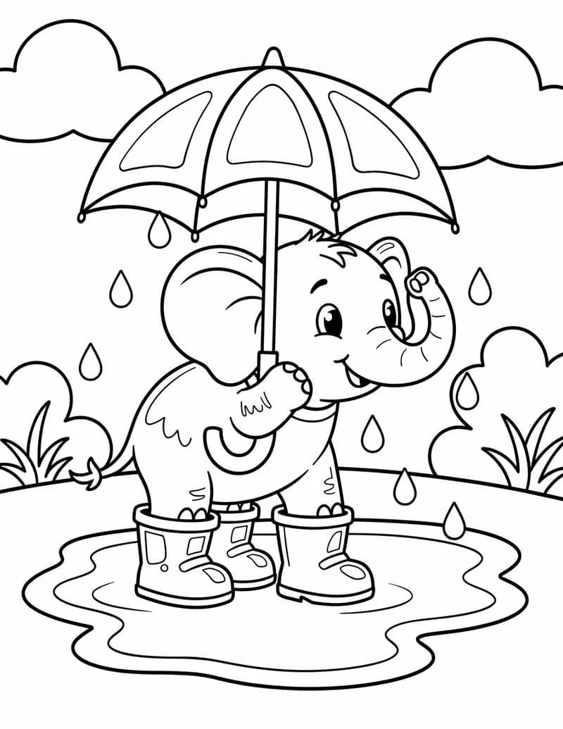 Coloring page — Elephant in the Rain