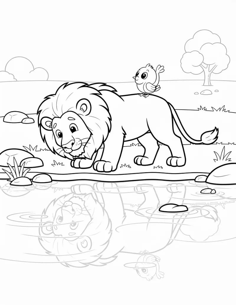 Coloring page — Lion at the Watering Hole