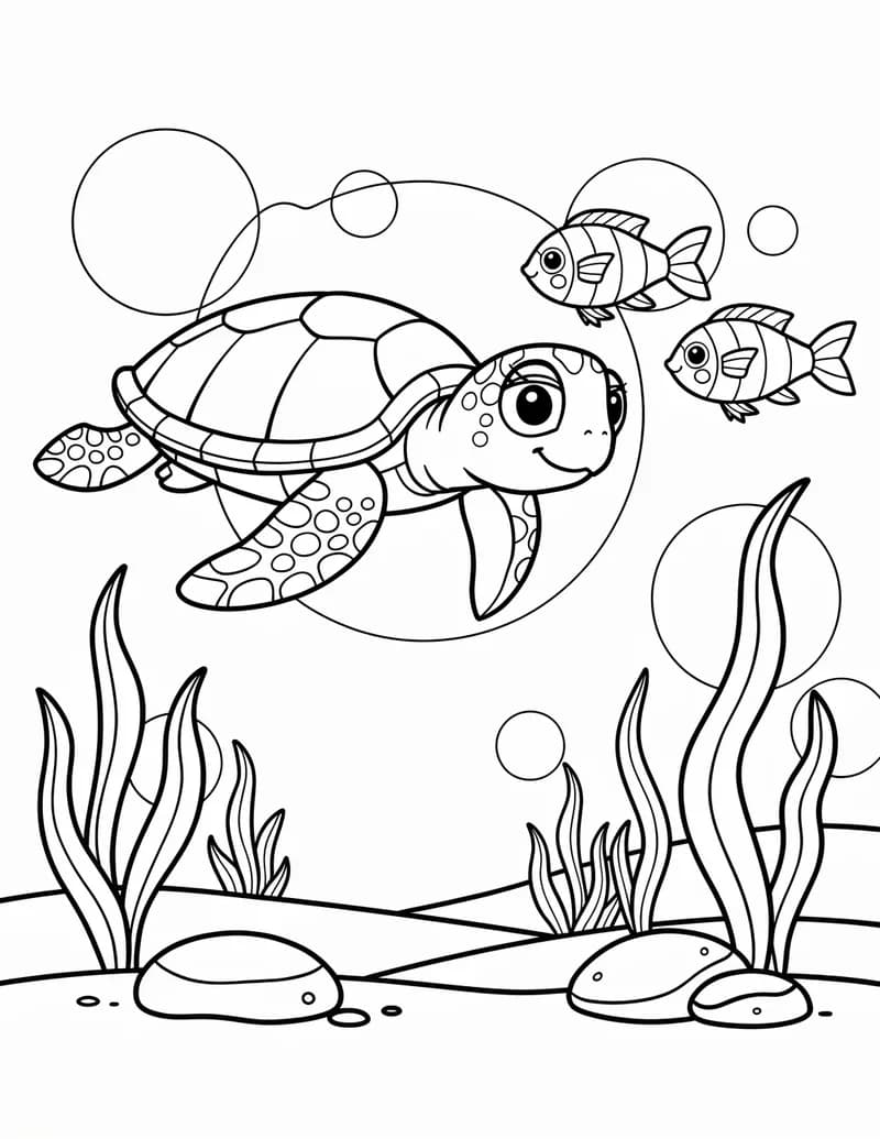 Coloring page — Sea Turtle and Fish Friends
