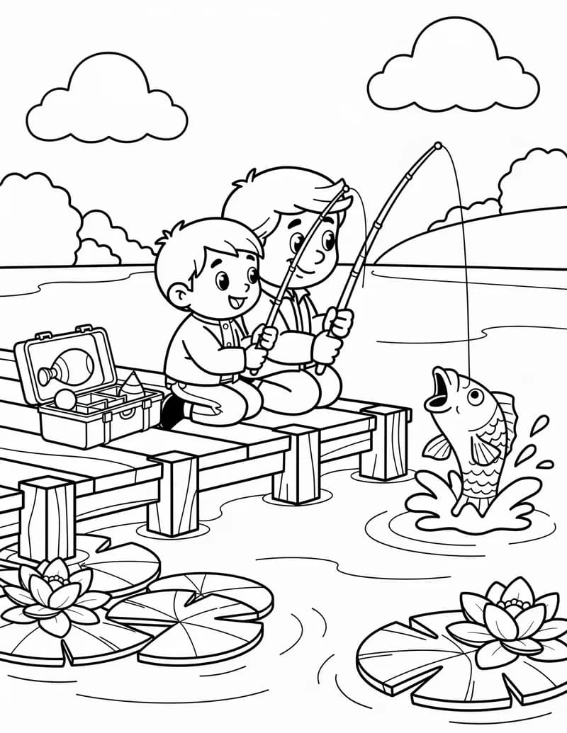 Coloring page — Fishing at the Lake