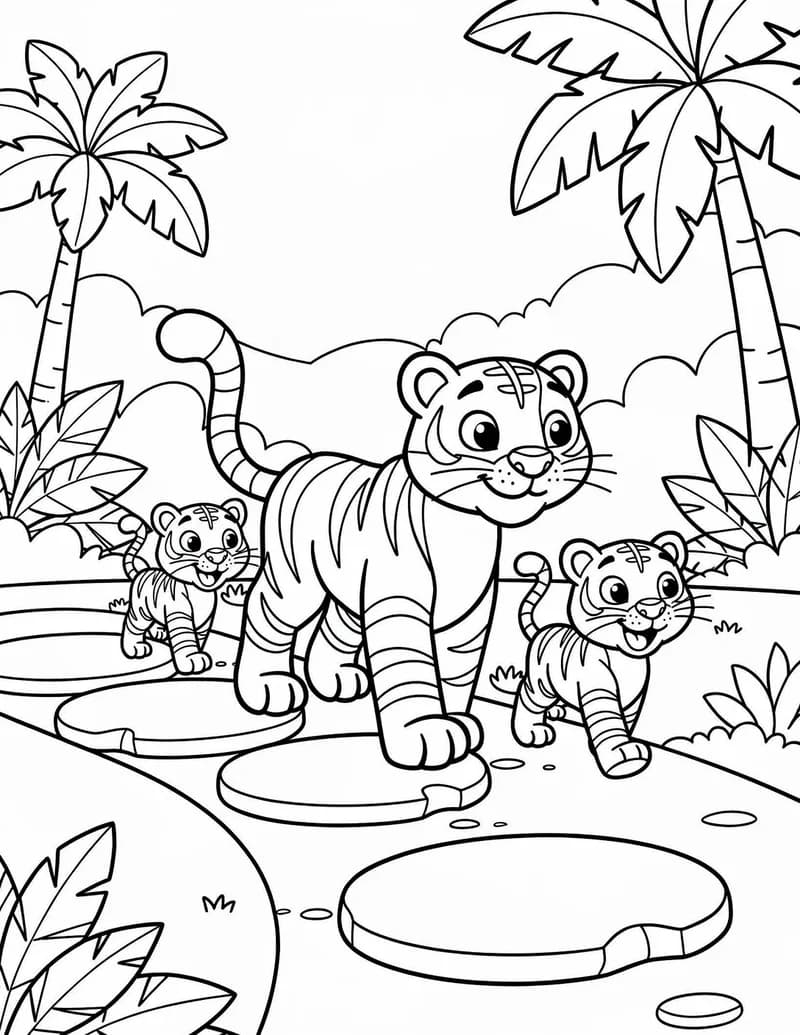 Coloring page — Tiger Family Walk
